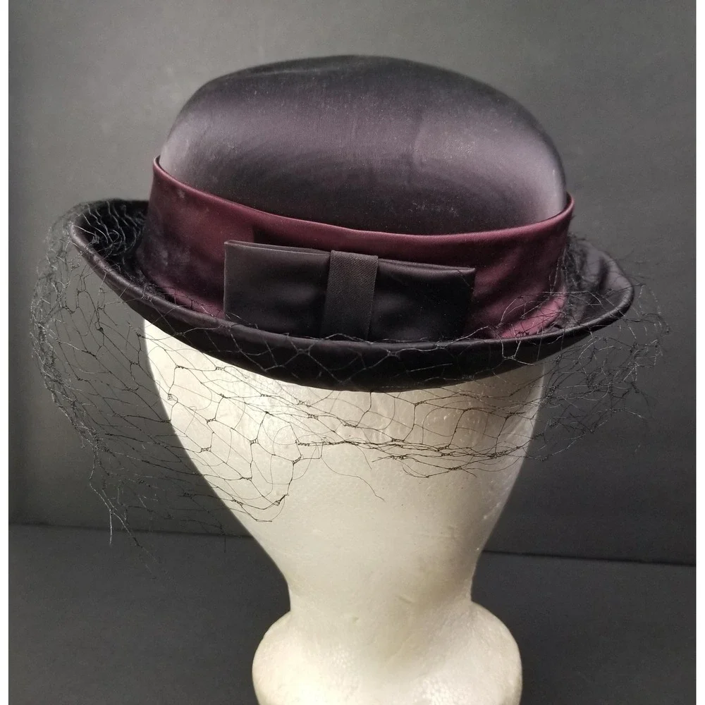 Vintage Karen‎ Lynn Exclusive Satin Pillbox Hat Purple Black Birdcage Veil Bow